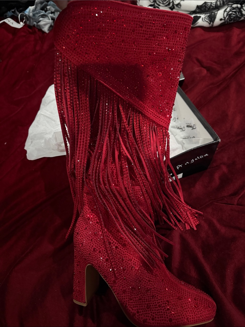 Red Fringe Rhinestone High Heel Boot - Picture 2 of 6